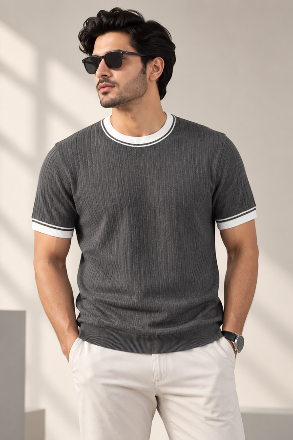 Contrast Ribbed Knit Tee – Charcoal Grey