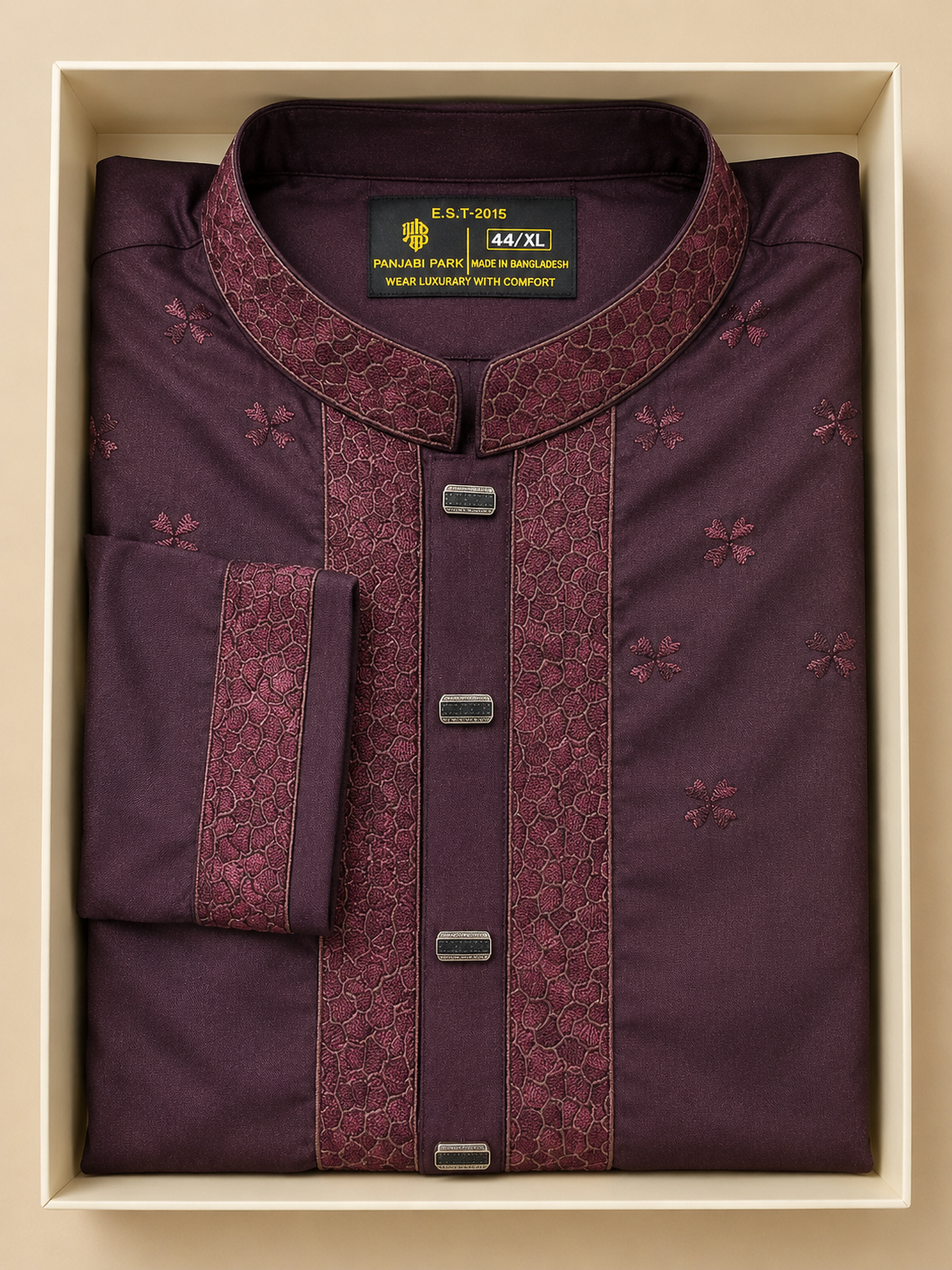 Premium Plum Jacquard Panjabi – Embroidered Collar & Front