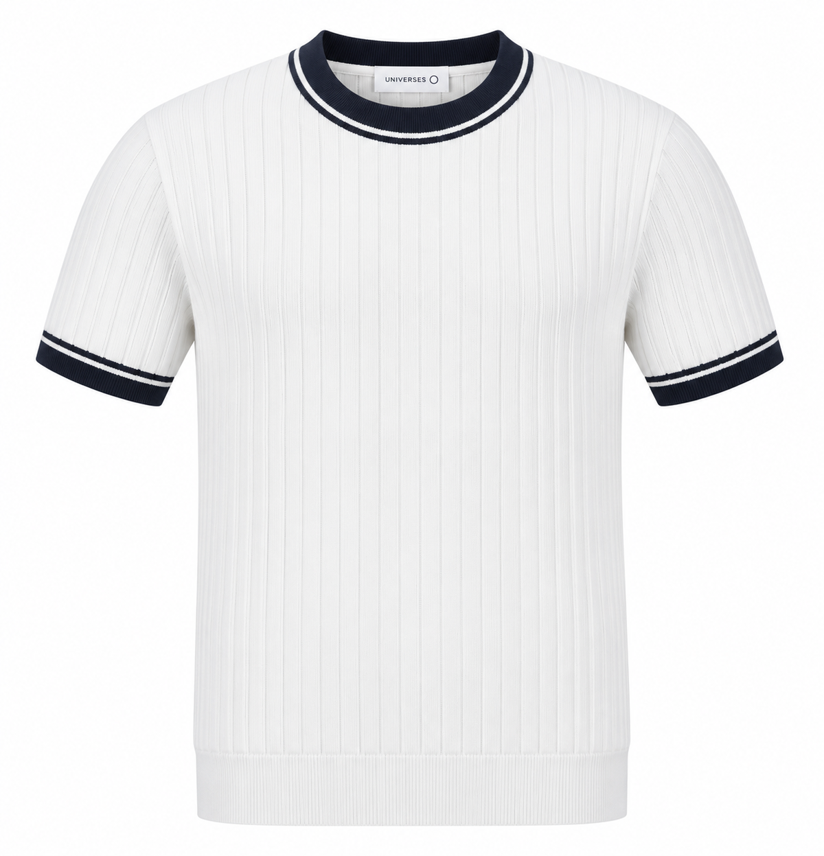 Contrast Ribbed Knit Tee – White & Navy