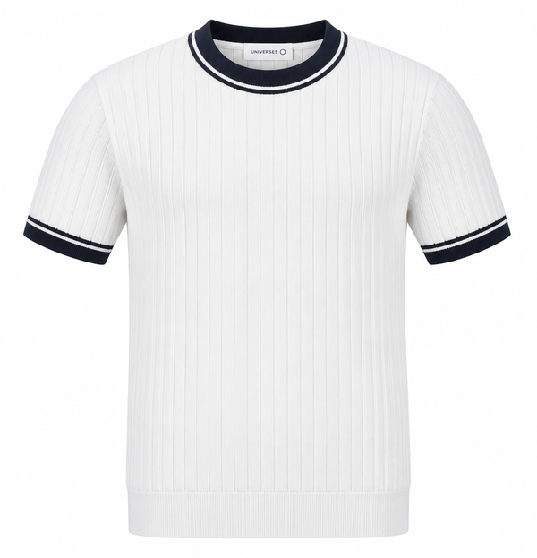 Contrast Ribbed Knit Tee – White & Navy
