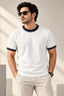 Contrast Ribbed Knit Tee – White & Navy