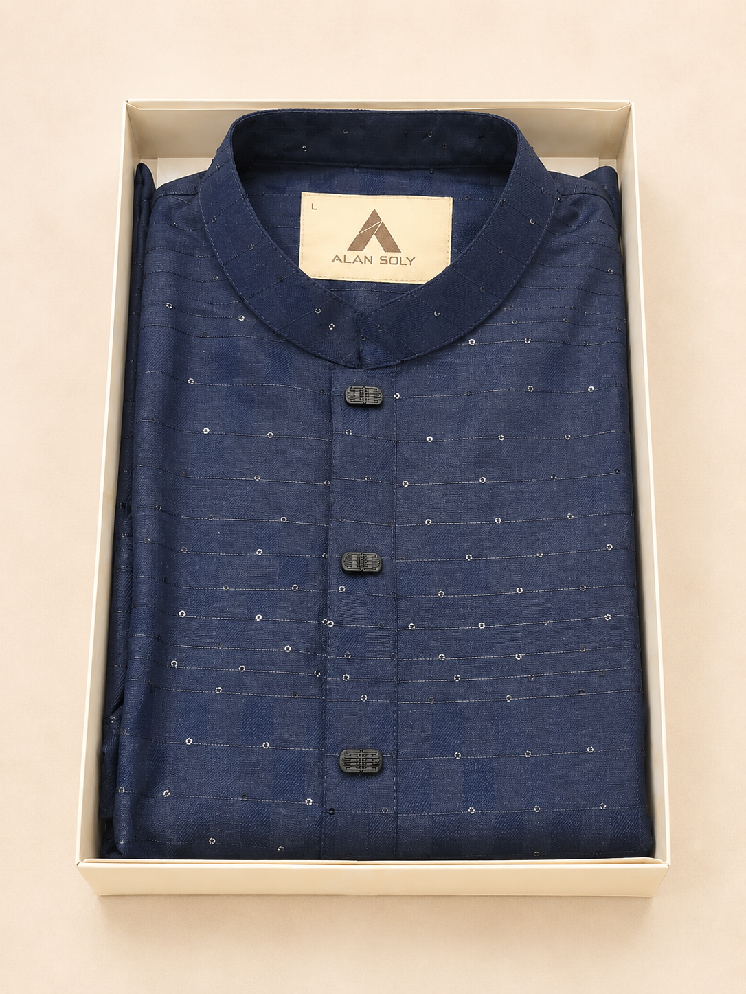 Premium Navy Blue Textured Panjabi – Subtle Sequin Detail Main image