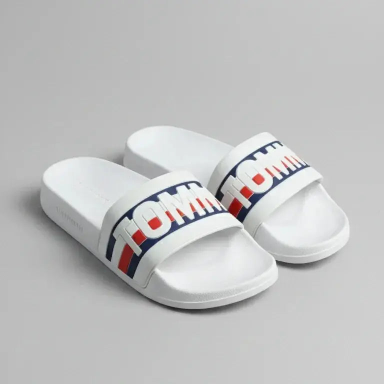 White slides with red and blue branding on a gray background