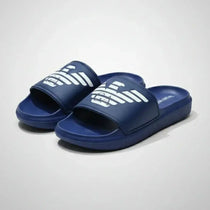 Blue slides with white logo on a light gray background