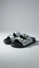 Luxury Checkerboard Double-Strap Sandals | Designer Inspired Buckle Slides
