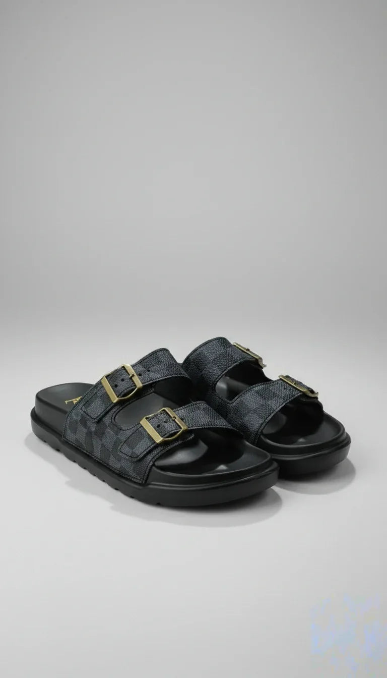 Luxury Checkerboard Double-Strap Sandals | Designer Inspired Buckle Slides