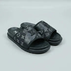 Black slides with brand logo on a light gray background