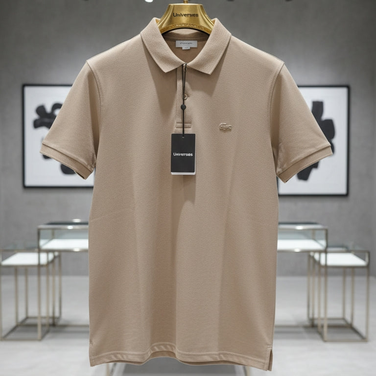 Beige polo shirt on a hanger with a tag in a store setting