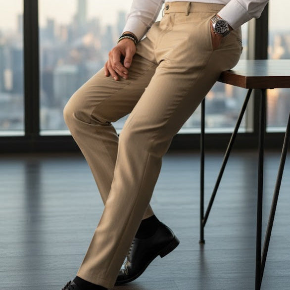 Man in a white shirt and beige pants sitting in an office with a cityscape view.
