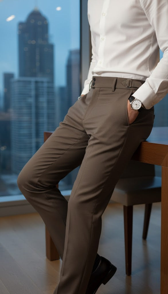 Person wearing brown pants and a white shirt in an urban setting with tall buildings.