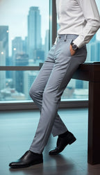 Person wearing gray pants and black shoes leaning against a desk with a cityscape view.
