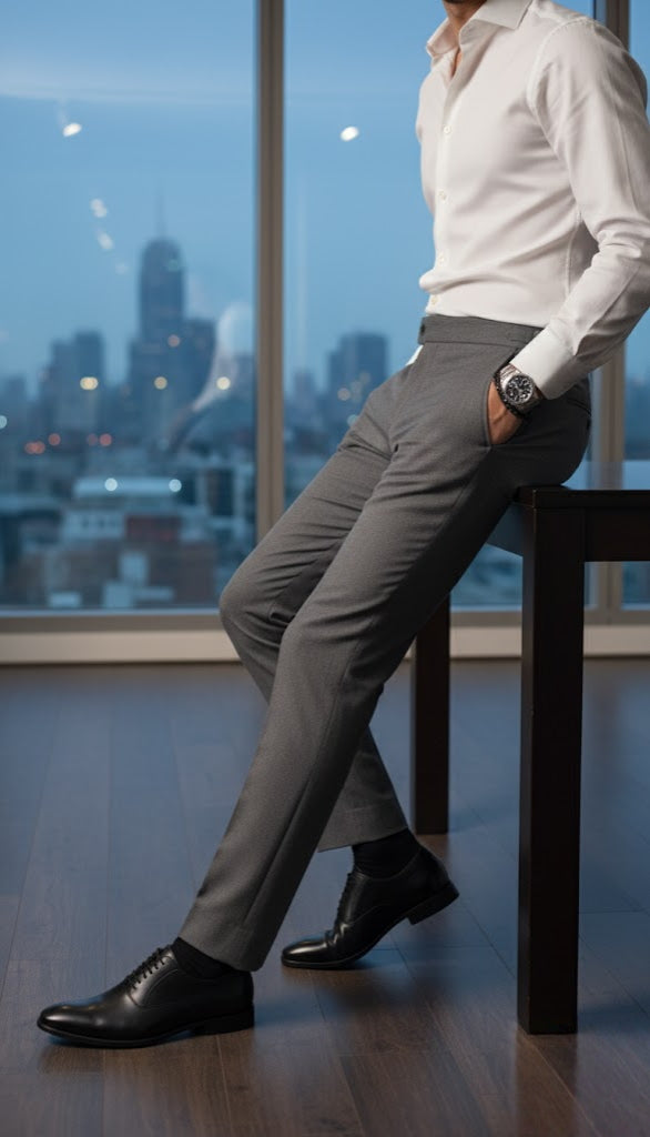 Person wearing a white shirt and gray pants sitting by a window with a cityscape view.
