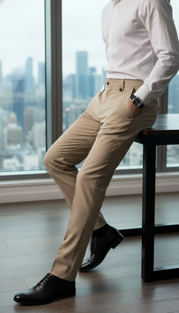 Person wearing beige pants and a white shirt in an office setting with a cityscape view.