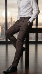 Person wearing a white shirt and brown pants in an office setting with cityscape view.