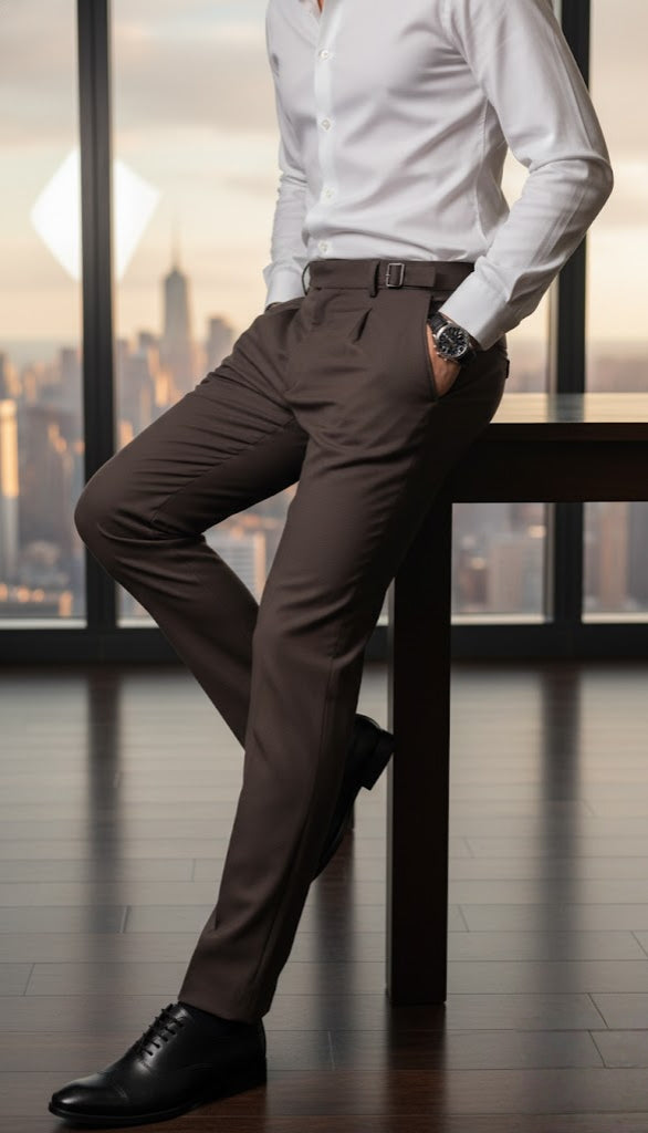 Person wearing a white shirt and brown pants in an office setting with cityscape view.