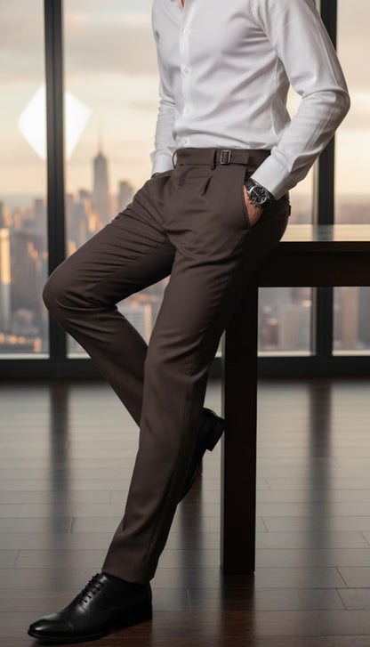 Person wearing a white shirt and brown pants in an office setting with cityscape view.