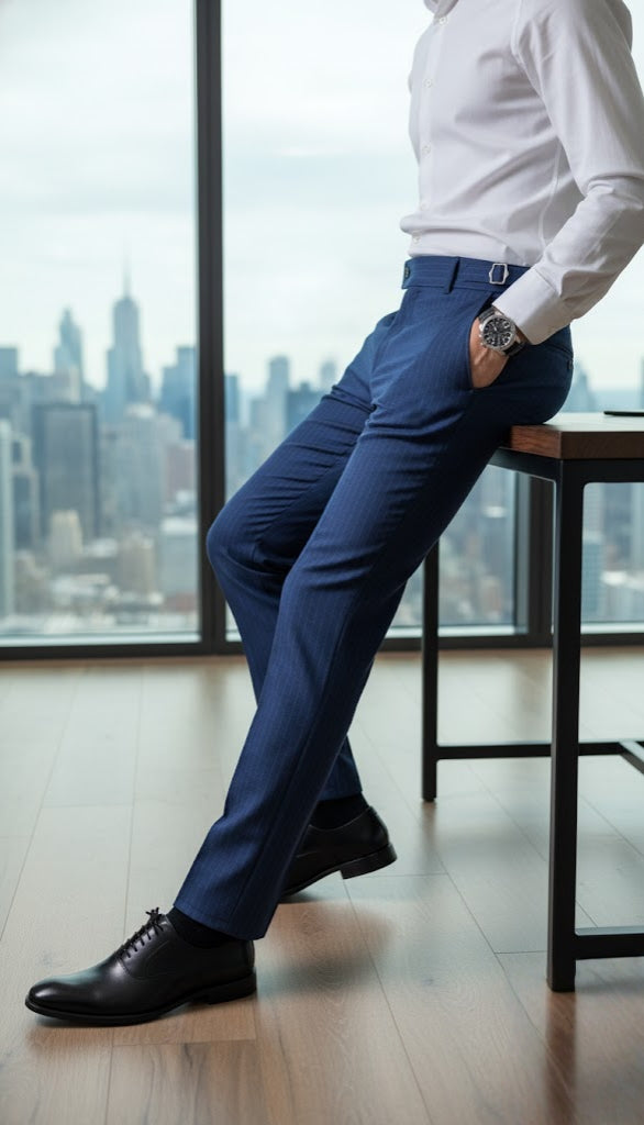 Person wearing a white shirt and blue pants leaning against a chair with a cityscape view in the background