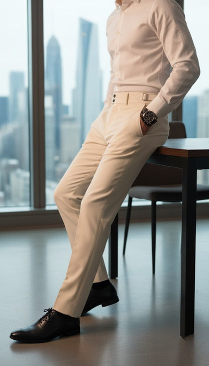 Person wearing a beige shirt and pants with black shoes in an office setting.