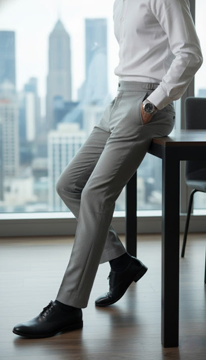 Person in formal attire sitting at a desk with a cityscape view