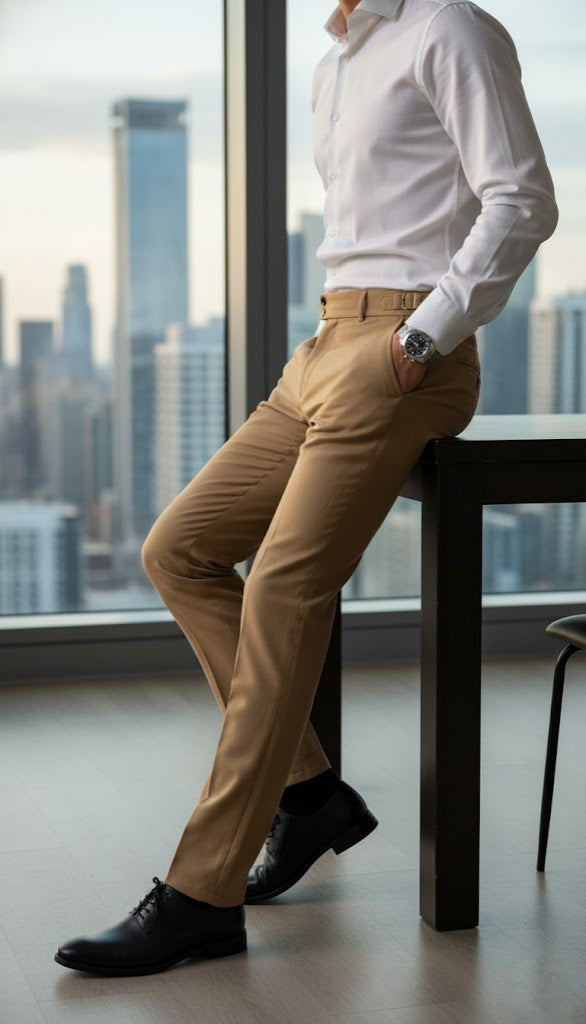 Person wearing a white shirt and beige pants in an office setting with a cityscape view.