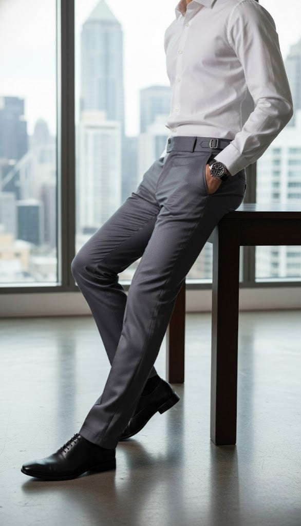 Man in formal attire leaning against a table with a cityscape view in the background