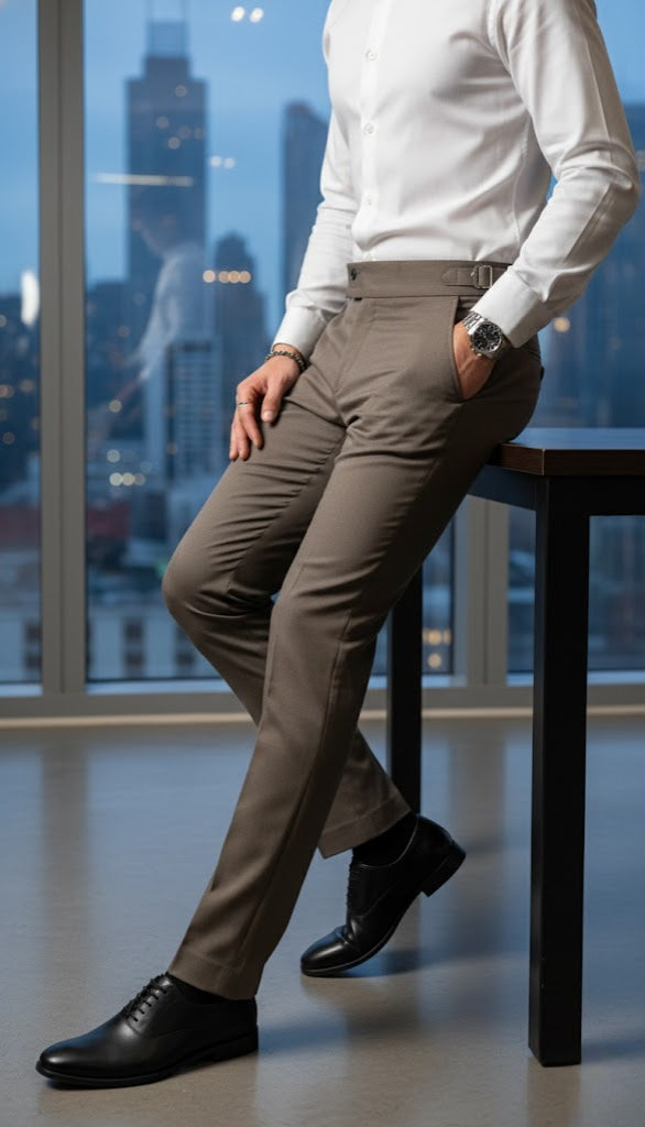 Person wearing a white shirt, beige pants, and black shoes in an office setting with cityscape view.