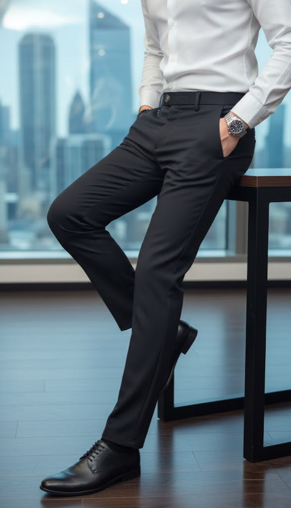 Person wearing a white shirt and black pants with a cityscape in the background