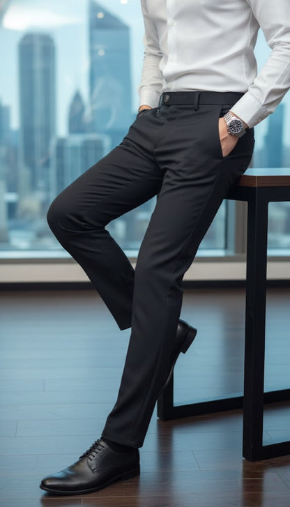 Person wearing a white shirt and black pants with a cityscape in the background