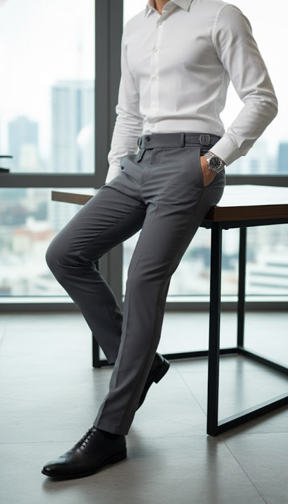 Man in white shirt and gray pants sitting on a chair with a cityscape background
