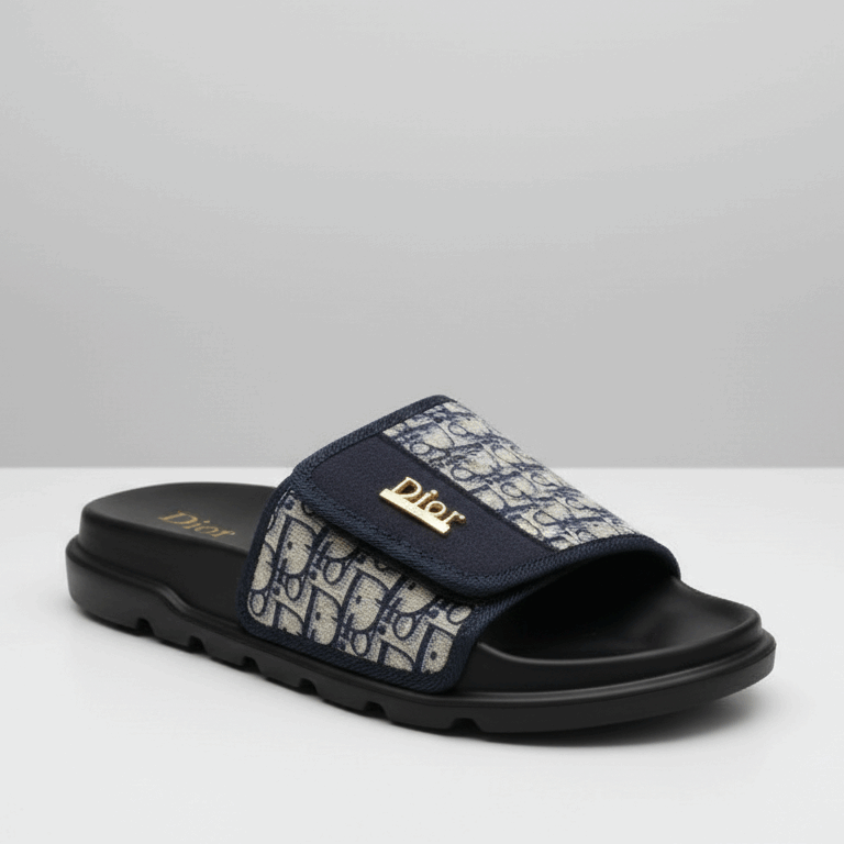Navy slide sandal with patterned strap on a white background