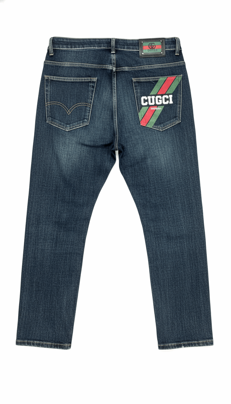 Blue jeans with a Gucci logo on the back pocket against a white background