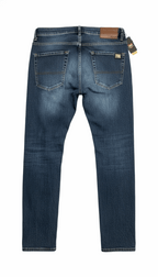 Blue jeans with a visible brand tag on a white background