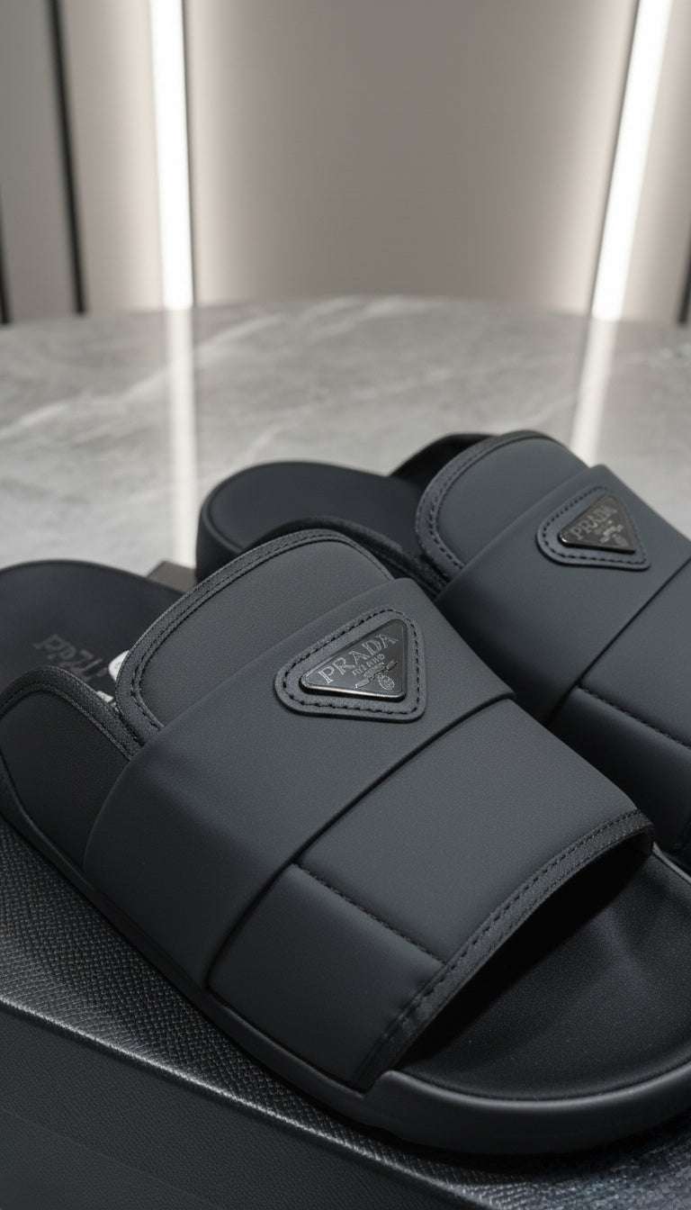 Black slides with a triangle logo on a reflective surface