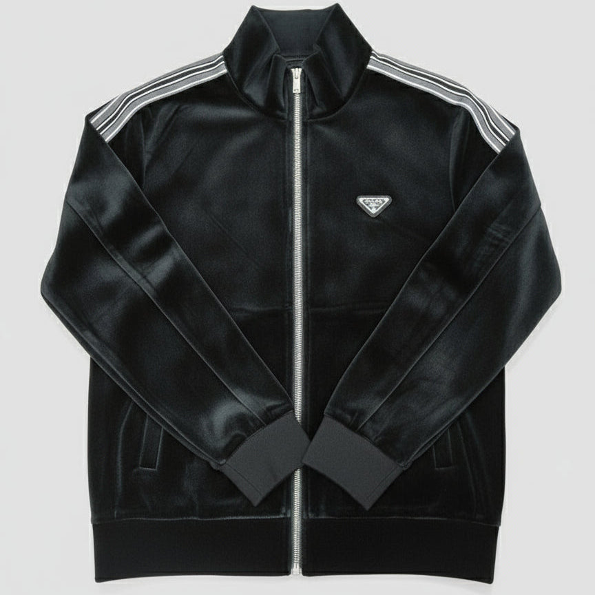 Black track jacket with white stripes on a light wooden surface Main image