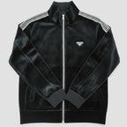 Black track jacket with white stripes on a light wooden surface