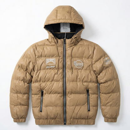 Beige puffer jacket with brand logos on a white background