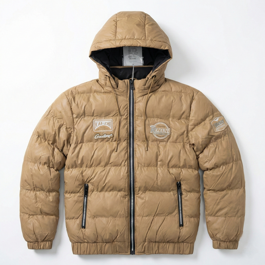 Beige puffer jacket with brand logos on a white background
