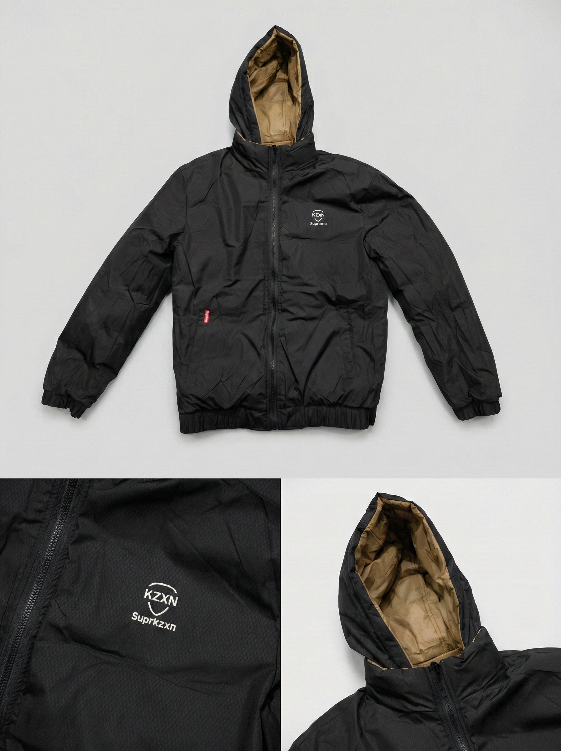 Black jacket with a brand logo on a light gray background