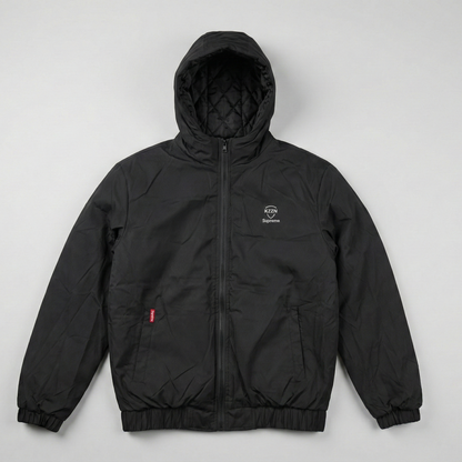 Black hooded jacket with a brand logo on a light gray background