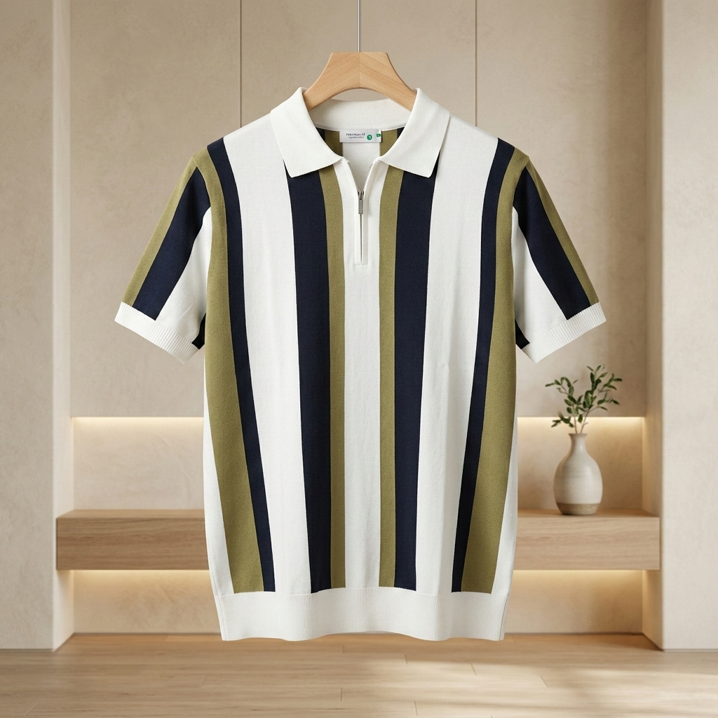 Premium Imported Men's Vintage Striped Quarter-Zip Knit Polo Shirt