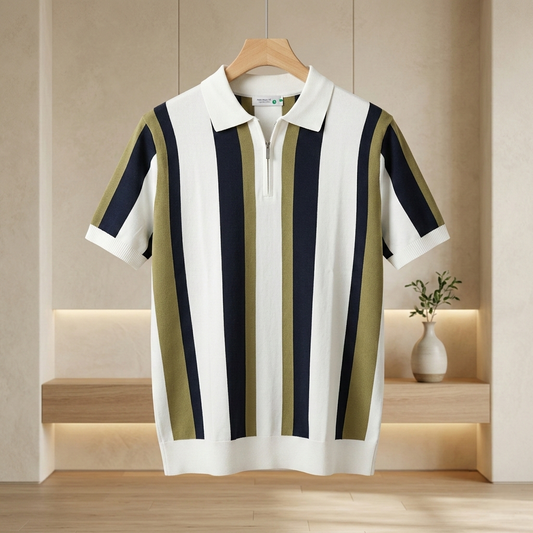 Premium Imported Men's Vintage Striped Quarter-Zip Knit Polo Shirt