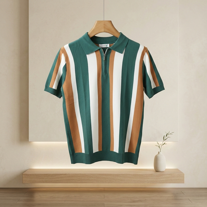 Premium Imported Men's Retro Striped Quarter-Zip Knit Polo - Green & Caramel