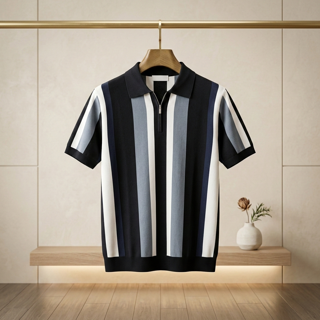 Premium Imported Men's Retro Striped Quarter-Zip Knit Polo - Black & Grey