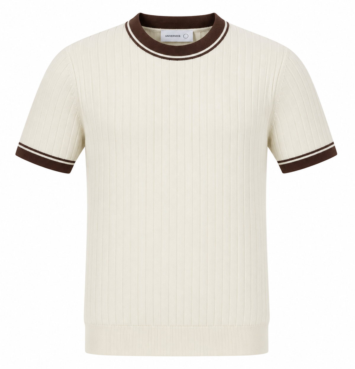Contrast Ribbed Knit Tee – Cream & Brown
