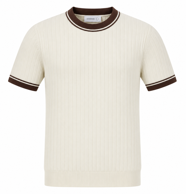 Contrast Ribbed Knit Tee – Cream & Brown