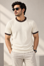 Contrast Ribbed Knit Tee – Cream & Brown
