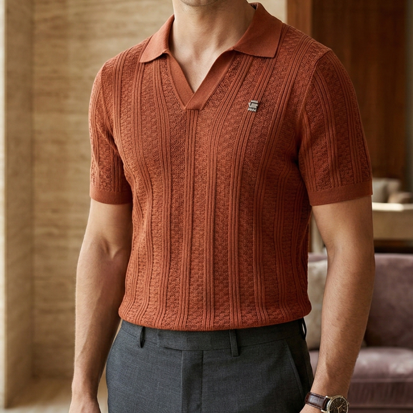 Universes Textured Knit V-Neck Polo – Burnt Orange
