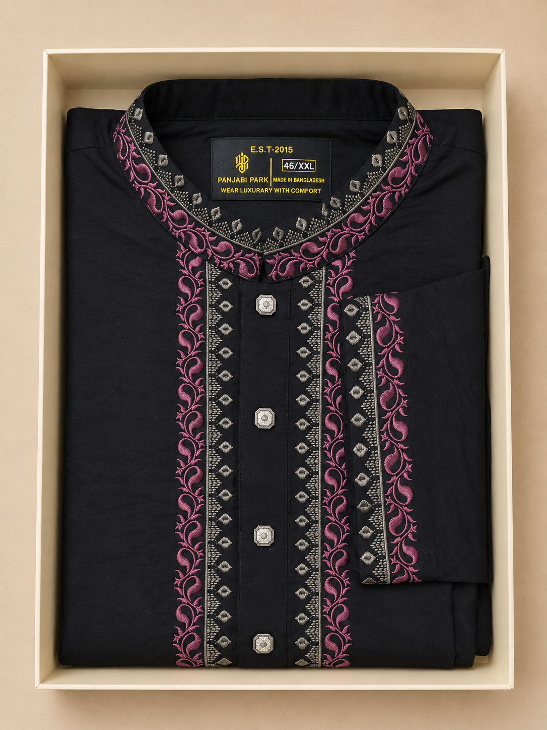 Luxury Black Embroidered Panjabi – Pink & Silver Floral Detail Main image
