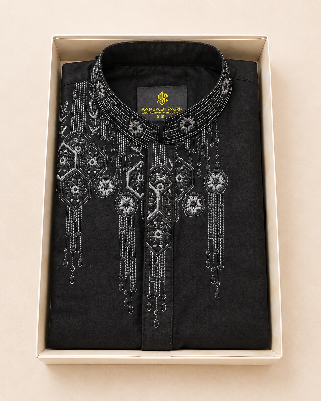 Luxury Black Embroidered Panjabi – Geometric Floral Design