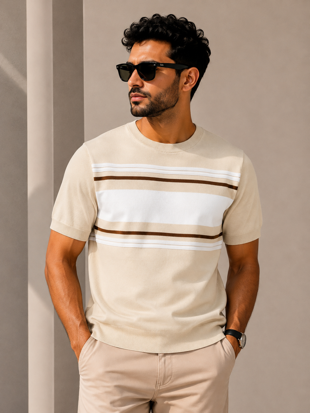 Retro Stripe Knit Tee – Cream